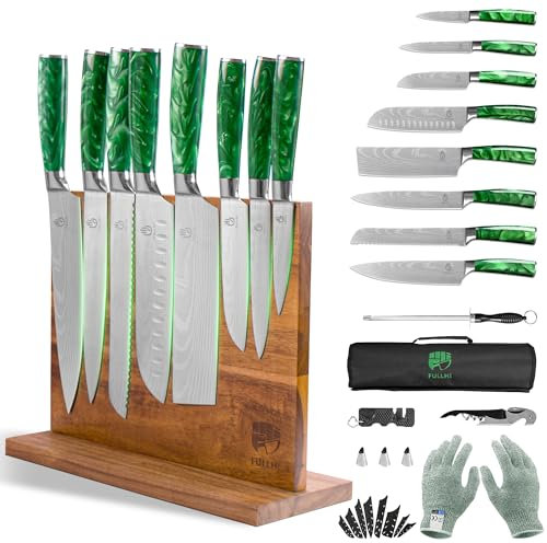 FULLHI 15-Piece Japanese Knife Set with Magnetic Knife Block Holder, Stainless Steel Knives, Green Resin Ergonomic Handles for Professional and Home Cooking