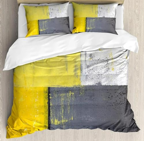 Graues und gelbes Bettbezug-Set, Street Art, modernes Grunge-Abstraktes Design, dekoratives 3-teiliges Bettwäsche-Set, 140 x 200 cm + 70 x 90 cm x 2