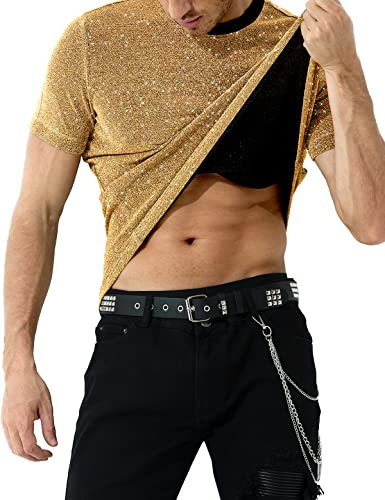 Mauro Kane Glitzer T-Shirt Herren Pailletten Kurzarm Tops Metallic Glänzend Shirt Party Oberteile Gold L