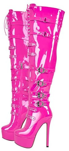 blingqueen Damen Plateau Stiefel Overknee Boots Stilettos High Heels Punk Nieten Schnürstiefel Metallic Pink 43 EU
