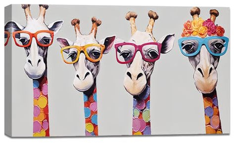 ZQQART Graffiti Leinwandbild lustige Giraffen mit Brille Bild wilde Tiere Familiengemälde Drucke Kinderzimmerdekor Rahmen(30x60cm)