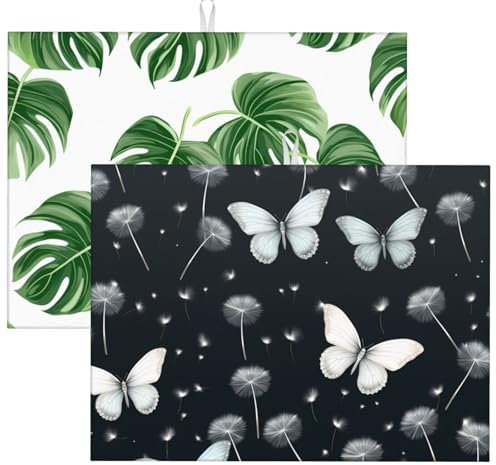 2 alfombrillas de secado de platos de hojas verdes, diente de león oscuro, diseño reversible de microfibra, absorbente y versátil, esencial para la cocina, 46 x 61 cm