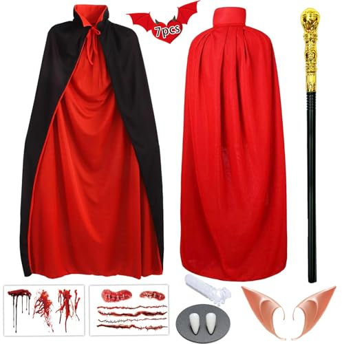 Cheloveer 7-Teiliges Vampir Kostüm für Kinder, Damen, Herren, Jungen und Mädchen - Mit Umhang, Halloween Tattoos, Zähne, Gehstock und Elfenohren