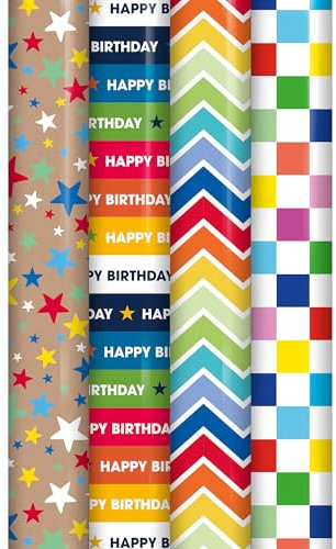 Pack of 4 x 3M Happy Birthday Gift Wrapping Paper Roll with Colorful Designs Gift Wrap Wrapping Paper Perfect for Birthday, Party & Festive Decoration Sold By ANGIX