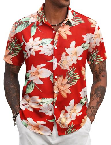 COOFANDY Chemise Hawaienne Homme Plage Chemise Manches Courtes Chemises Ete Chemises a Fleur Rouge/Fleurs Multiples L