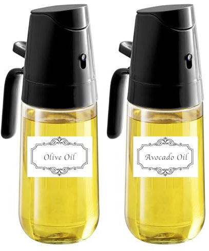 (2 Pieces) Olive Oil Sprayer for Cooking with Labels, 500ml/17oz Glass Dispenser Bottle for Kitchen, Oil Mister Spray Bottle for Air Fryer, Salad, Frying, BBQ