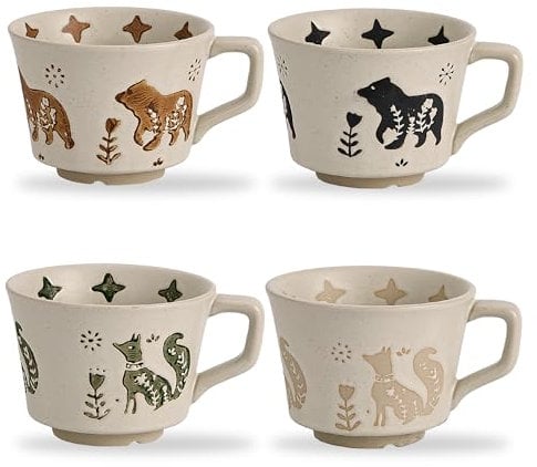 Swuut 350ml Vintage Ceramic Coffee Mug Set of 4 - Handmade Rustic Pottery Countryside Coffee Mugs with Handle for Latte,Milk,Hot Cocoa,Tea Cups, Dishwasher & Microwave Safe (Animals)