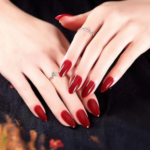 French Tip False Nails - 24pcs Wine Red Medium Almond Press on Nails - Burgundy Stick on Nails Fake Nails - Glossy Solid Colour French Nail Tips with Nail Glue for Women Girls