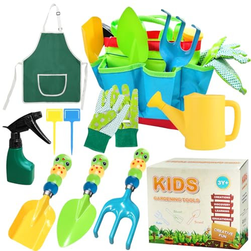 YORFULL Kit de Jardinería para Niños, 10 Piezas Herramientas de Jardinería para Niños con Pala, Rastrillo, Pulverizador, Regadera, Delantal, Guantes de Jardinería y Bolsa de Transporte