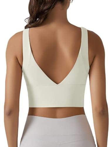 IDOPIP Sport BH Damen: Starker Halt Nahtloser BH Ohne Bügel Yoga Bra - Push up Crop Tops Elastic Wohlfühl Bügelloser Soft Fitness Lauf Joggen Tief V Rücken Bustier Große Größen hell beige M