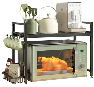NETEL Verstellbares Mikrowellen Regal 2-stufig, Regal über mikrowelle, küchenregal stehend für arbeitsplatte Bäckerregale, küchenregal mit Getränkehalter und Korb,Schwarz, Ausziehbar 40-60cm