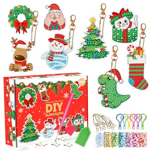 CAYUDEN 8 Stück Diamond Painting Schlüsselanhänger, 5D DIY Diamond Painting Weihnachten Anhänger Weihnachtsdeko Set für Geburtstagsgeschenk für Frauen Fensterdeko Hängend Weihnachtsdekorationen