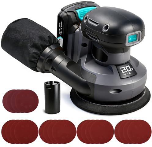 20V Cordless Random Orbital Sander 125mm, Electric Hand Sander for Wood, 6 Variable Speeds, with 2.0A Battery & Charger, 20 Sanding Papers, Power Tools for Home Improvement, Polishing Wood & Wall