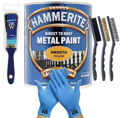 DRW Hammerite Direct to Rust Metal Paint Smooth Yellow 250ml 1 Paint Brush, 3 Wire Brush Set & Free Nitrile Gloves | Durable Rust Protection for Indoor & Outdoor Metal