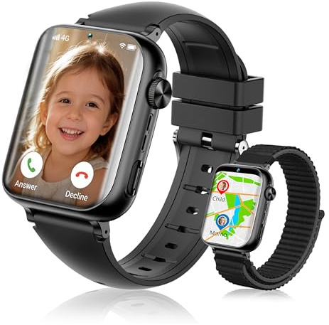JHLGRE Montre Connectée Enfant, 1.83 Écran Tactile, 4G Vidéo/Voix/Chat | GPS GPS+LBS+WiFi Tracker, SOS, Mode Campus, IP68 Étanche, Cadeaux D'anniversaire pour Garçons et Filles, Noir