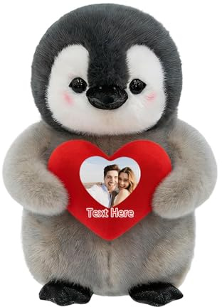 FAHOXUMR Personalisierter Pinguin Plüsch Mit Herz Und Foto Text, Individuelles Pinguin Kuscheltier Als Geschenk Zu Valentinstag Und Weihnachten, 20cm