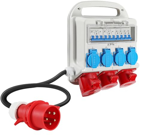 Peviasot Stromverteiler Baustromverteiler mit Kabeleinführung M25/M30, CEE 16A & 32A 400V + Schuko 230V, 1,2m Zuleitung mit Leitungsschutzschalter, IP65 Wandverteiler für Baustelle, Innen und Außen