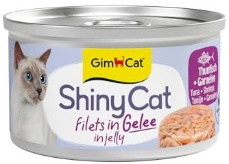 GimCat ShinyCat Filet in Gelee Thunfisch mit Garnelen - Nassfutter mit Fisch - 24 Dosen (24 x 70 g)