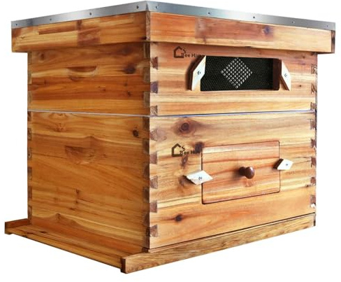 Garvee Colmena de Madera de Cedro Tradicional, Incluye 1 Cámara de Cría Profunda y 1 Alza Media, 50x41cm, Modelo con Ventana de Observación para Monitoreo, Madera Natural sin Tratamientos Químicos