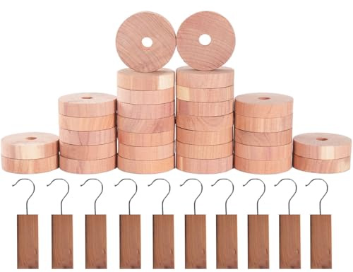 Casativo Zedernholz-Set aus 10 Zedernholz-Blöcken und 30 Zedernholz-Ringen mit Metallhaken: Natürlicher Mottenschutz für Kleiderschrank, Küche & Vorratsschrank
