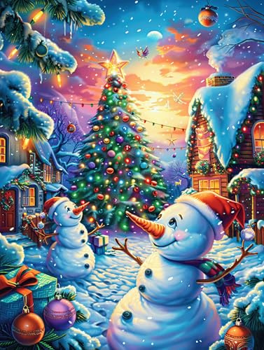 Village de Noël avec des arbres et des bonhommes de neige 300 Pieces Casse-tête Pour Ado En Carton Haute Qualité Scène de conte de fées dessin animé Facile Débutant Activité Familiale Soirée Entre Ami