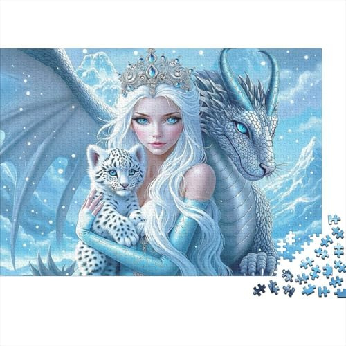 Eiskönigin mit Schneeleopard und Drache 1000 Teile Puzzle Fantasie Kunststil Puzzle für Erwachsene Entspannung Heimdekoration Geschenk 52x38cm/1000pcs