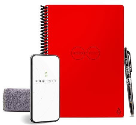 Rocketbook Reusable Digital Notebook - Smart Notepad A5 Red - Wirebound Note Book To Do List Pad, Dotted Paper with Frixion Erasable Pen and Wipe, Office Gadget App Reduce Paper Waste
