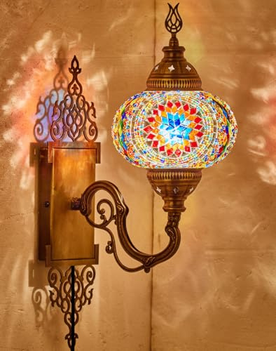 DEMMEX Applique Murale Turque Marocaines en Mosaïque, Globe en Verre Fait Main, Base en Laiton, Cordon 1,5 m, Éclairage Décoratif pour Salon et Chambre, Flamme