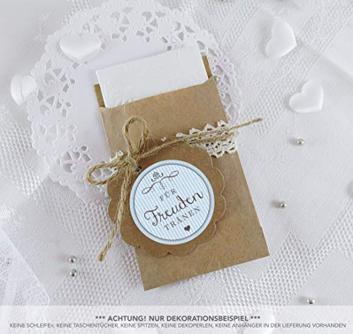 Freuden Tränen Taschentücher Set zur Hochzeit Klein 24 Sticker + 24 braune Flachbeutel - Kraftpapier - 63 x 93 mm Wedding Freudentränen Taschentuch Verpackungen Aufkleber BLAU RETRO VINTAGE STYLE