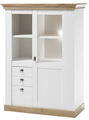 Vitrinenelement Côte d’Azur, Pinie weiß/Wotan Eiche NB, 102 x 139 x 44 cm, Schrank, Wohnzimmer, Vitrinenschrank, Schrankvitrine Ausführung mit Beleuchtung