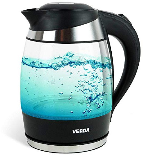 Verda Wasserkocher 1,8L 2200W Edelstahl LED Beleuchtung Kabelloss Glas Kalkfilter, Glas, 360°, 100% BPA FREI (SN0618L)