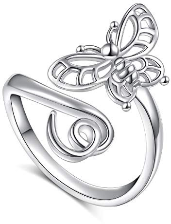 Flyow 925 Sterling Silber Schmuck Verstellbar Open Tier und Herz Ring für Damen und Mädchen (Schmetterling)