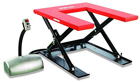 STIER Scheren-Hubtisch elektrisch mit U-Profil, 1000kg Tragkraft, Plattform mit Pulverbeschichtung: 1450x1140mm, Hubtisch Rot mit externem Bedienteil, stabile Stahlkonstruktion
