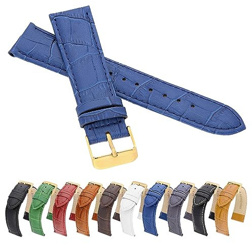 MARCHEL Gold Croco 22 mm LM-130 Blau Krokoprägung Uhrenarmband Krokodilmuster Uhrband Rindsleder Goldene Schließe