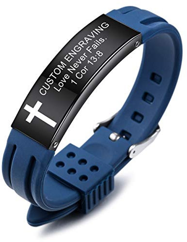 MeMeDIY Citation Inspirante Croix Bracelets Foi Christian Bible Accessoires Verset Silicone ID Bracelet Religieux pour Hommes Femmes Garçons Filles en Acier Inoxydable (*Gravure personnalisée*)