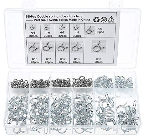 iSpchen Doppeldraht Edelstahl Schlauchschellen Federklemme Kraftstoffleitung klemme Sortiment 250 Stück 5-14mm 10-fach Schlauch Wasserrohr Luftschlauch Federklemmen Kit für Auto Motorradroller ATV