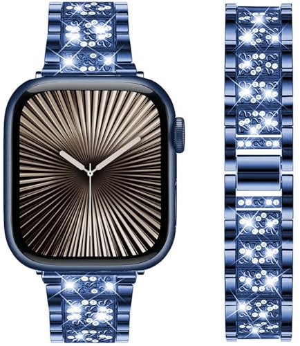 DEALELE Strap Compatible with iWatch 38mm 40mm 41mm, Rhinestone Diamond Metal Replacement Bands for Apple Watch Series 8/7 / 6/5 / 4/3 / SE Women Men, Blue, 38/40/41mm