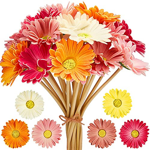 WILLBOND Künstliche Gerbera-Gänseblümchen, künstliche Gänseblümchen, Blumenstrauß, 38,1 cm, für Hochzeit, Brautstrauß, Party, Zuhause, Küche, Dekoration (Weiß, Rosa, Gelb, Orange, Rose, Koralle), 12