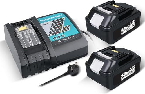 PDstation 2Pack BL1850B 18V 5.5Ah Batteries Replacement for 18V Batteries BL1860 BL1850 LXT-400 + DC18RC 3.0Ah Charger for 14.4V-18V Li-ion Battery BL1815 BL1830 BL1850 BL1430（UK Plug）