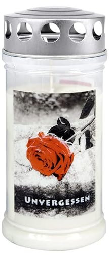 Motiv Grabkerze mit Deckel, Motiv: Rose mit Spruch - Gedenkkerze - Grablaterne mit Motiv - Motiv Grableuchte - Grablicht mit langer Brenndauer (Größe:75 x 170 mm, Brenndauer: 70-90 Stunden, 1)