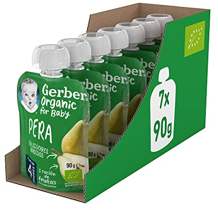 Gerber Bolsitas Pera +4 meses 7x90g | Bolsita de pera, desde 4 meses, ingredientes ecológicos, sin azúcares añadido, sin conservantes, formato práctico