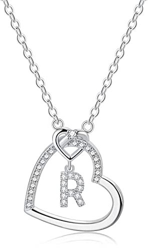 LIHELEI Damen Halskette Herz Buchstabe 925 Silber Kette Damen Personalisiere Kette, Geburtstags und Weihnachten Geschenk Für Frauen Mädchen Mama Freundin - R
