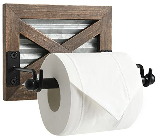 Bauernhaus-Toilettenpapierhalter mit verzinktem Metall und schwarzem Metall – rustikales warmes braunes Holz-Wandhalterung, Toilettenpapierhalter für Badezimmerdekoration