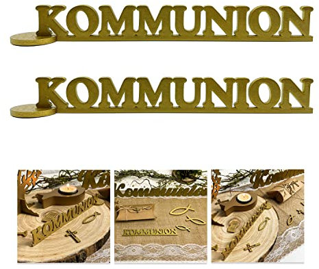 Oblique Unique® 2er Set Schriftzug Kommunion aus Holz als Tischdeko für Kommunion Deko Junge Mädchen Verzierung Dekoration (Gold)