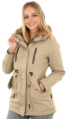 Navahoo Damen Winterjacke (XS-3XL) - 100% Baumwolle Obermaterial, Kapuze mit Reißverschluss auftrennbar, Teddyfell innen, Warme Jacke Frauen B648 (M, Beige)