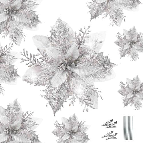 WUBAYI 12Pcs Christmas Tree Flowers Decor with 12 Stems & Clips, Christmas Glitter Artificial Poinsettia Flowers for Xmas Tree Wedding New Year Xmas Garland Wreath Decoration(Silver)