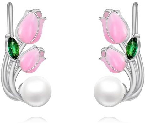 Tulpe Perle Ohr Crawler Climber Manschette Sterling Silber Rosa Blume Wickeln Ohrringe Blumenschmuck Geschenke für Frauen Mädchen