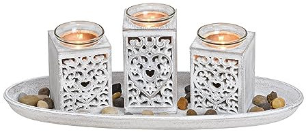 Teelichthalter Dekoset 8-teilig mit Tablett - Shabby weiß - Tischdeko Set inklusive Steine - Kerzen Tablett Teelicht Halter Tisch Deko Landhaus inklusive Kies