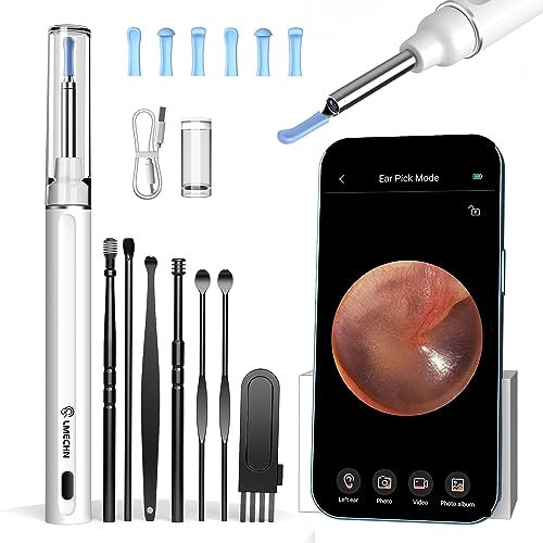 LMECHN Otoscope Oreille avec 7 kit Nettoyage Oreille, Nettoyeur Oreille Caméra 1920P HD, 6 Lumières LED, IP67 Étanche Nettoyant Oreille Adapté aux IPhone, IPad et Android(Blanc)