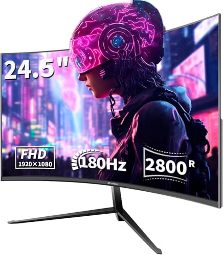 CRUA 24.5 Curved Gaming Monitor, 180Hz FHD 1080P Frameless PC Monitor, 1ms GTG, FreeSync, Low Motion Blur, Eye Protection, VESA Mount, DisplayPort and HDMI, Black